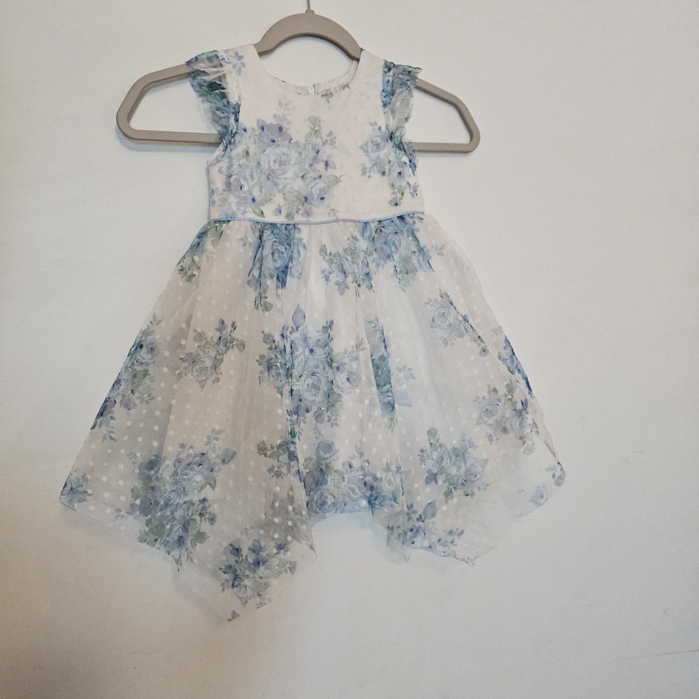 Whimsical Rare Editions 3T Blue Floral Tulle Dress‎ Polka Dot Handkerchief Hem